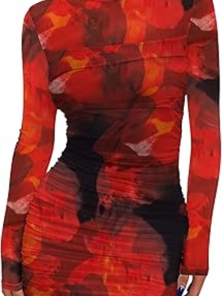 Wiholl Women's Mesh Sheer Long Sleeve Ruched Mini Dress Bodycon